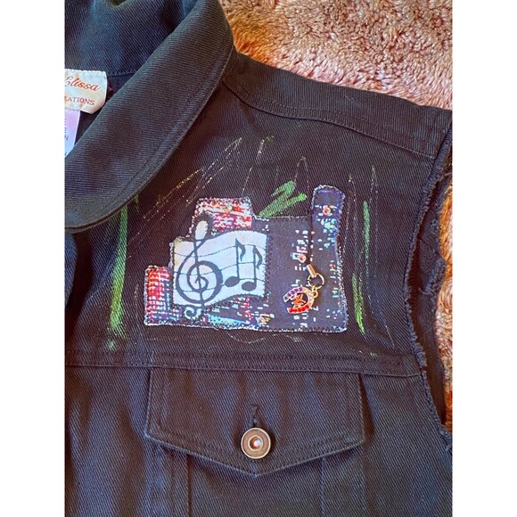 Jane Elissa unique cut off sleeves Patch vest black denim jacket size xl - Picture 11 of 12
